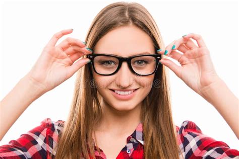 Close Up Photo Of Girl Touching Her Glasses Stock Image Image Of Checkered Hands 165898413