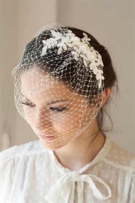 Lace Birdcage Veil With Swarovski Pearls Full Birdcage Veil With