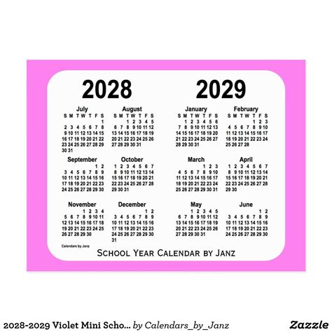 2028 2029 Violet Mini School Calendar By Janz Postcard Custom Calendar