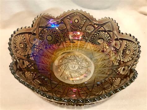 Vintage Imperial Glass Hobstar Smoky Amethyst Carnival Glass Bowl Centerpiece