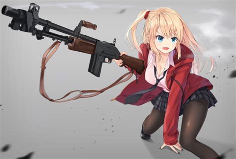 Wallpaper Anime Girl Gun Blonde Smiling Wallpapermaiden