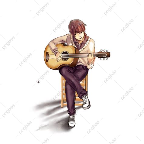 Boy Playing Guitar White Transparent Boy Sitting And Playing Guitar