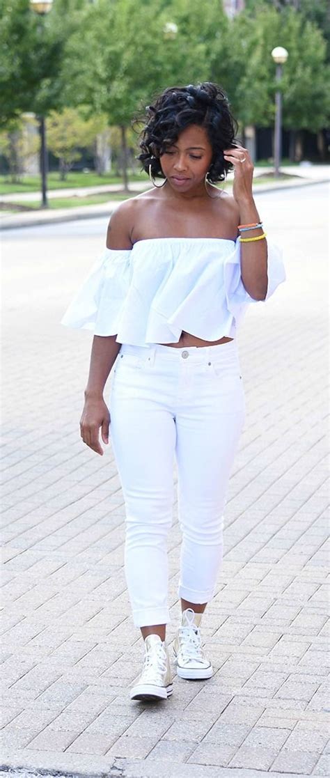 Chuck Taylors All White Outfit White Off The Shoulder Top White