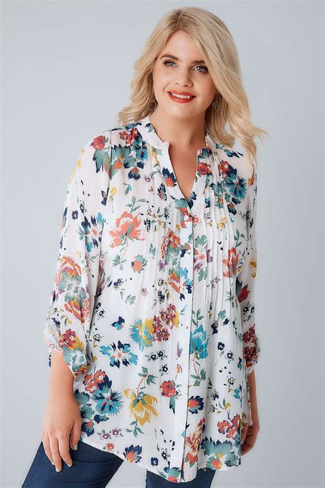 White Multi Floral Pintuck Longline Blouse With Sequin Detail Plus