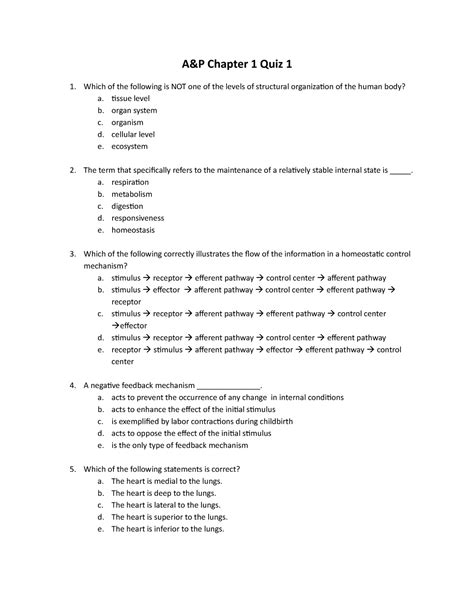 Homeostasis Practice Questions Aandp Chapter 1 Quiz 1 Which Of The