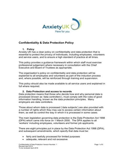 Confidentiality And Data Protection Policy