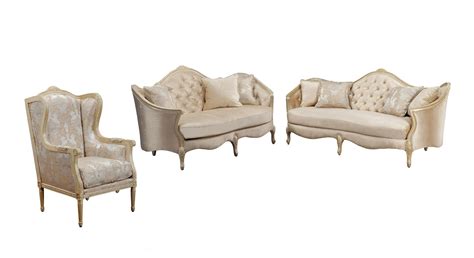 Luxury Champagne Chenille Sofa Set 3pcs Wood Trim Hd 90014 Classic