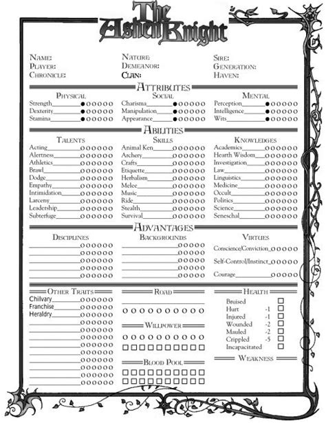 Vampire The Dark Ages 4 Page Sheet Mrgone S Character Sheets