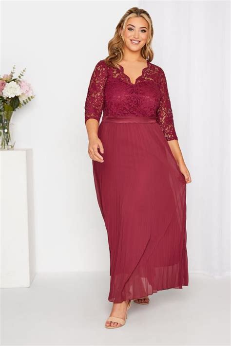 Yours London Plus Size Burgundy Red Lace Puff Sleeve Pleated Maxi Dress