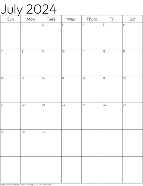 Standard July 2024 Calendar Template In Portrait