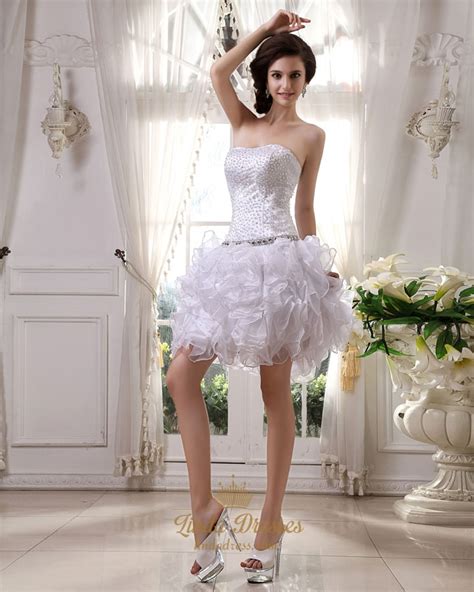 Short White Strapless Ruffled Skirt Wedding Dresses With