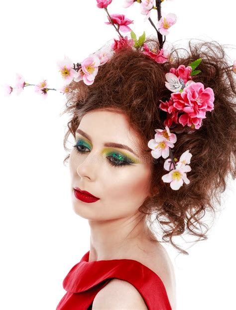 Portrait Of A Beautiful Spring Girl Wearing Flowers In Hair Stu Stock