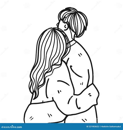 Line Art Of Couple Standing Hugging Isolated On White Romantic Hug Of