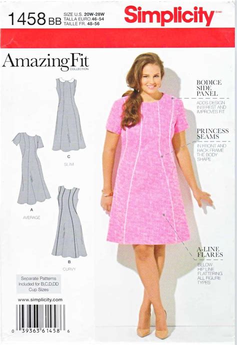 Simplicity Sewing Pattern 1458 Women's Plus Size 20W-28W Princess Seam Dress Sleeve Collar Options
