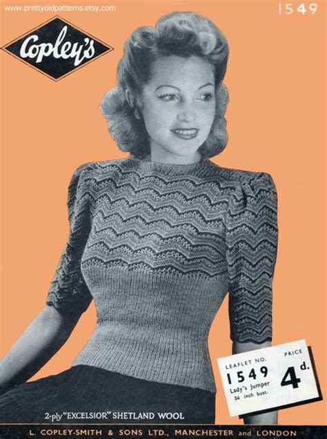 Amazing 1940s Jumper Tight Ribbing And Stripes 34 Bust Etsy Uk Vintage Knitting Patterns