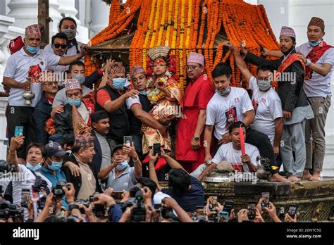 Kathmandu Nepal September 2021 The Living Goddess Kumari Looking Out Into The Crowd During