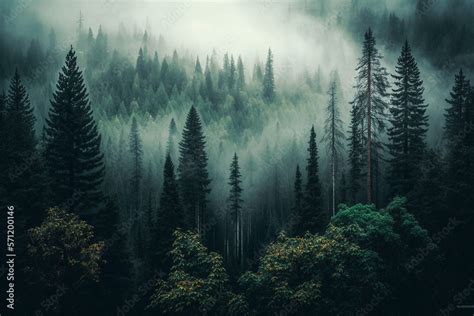 Foggy Pine Forest Featuring The Beauty Of The Natural Environment