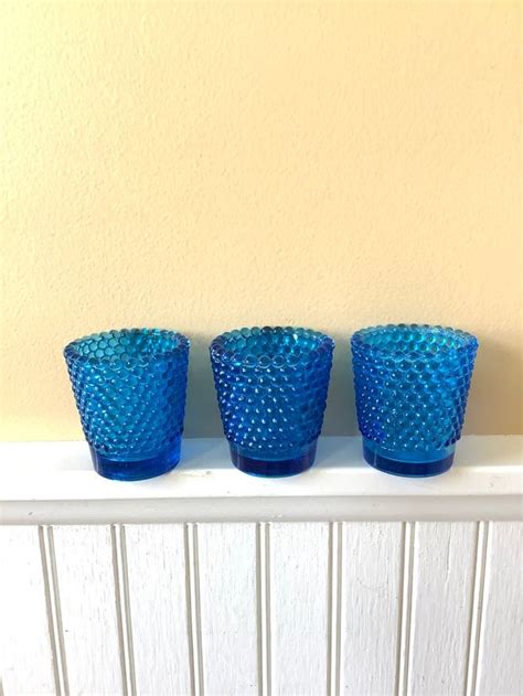 vintage blue glass hobnail candle votives set of 3 votives etsy blue glass decorative bowls