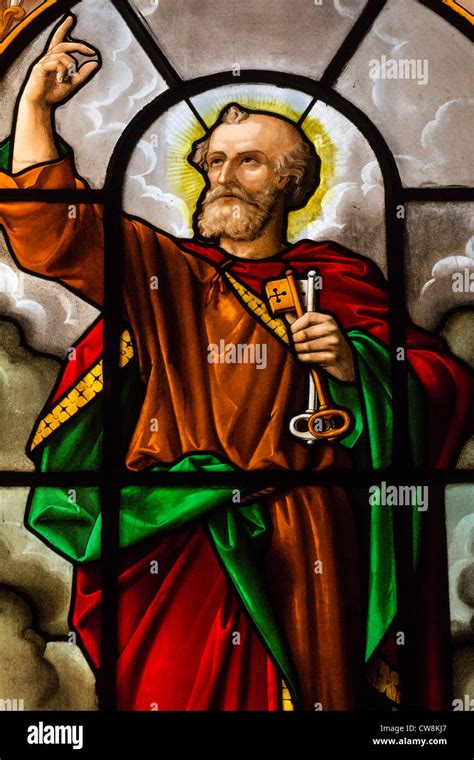 Stained Glass Window Depicting Saint Peter Holding Key To Heaven In