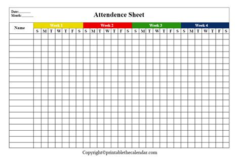 Attendance Sheet Attendance Tracker Printable Template