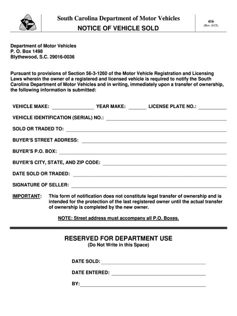South Carolina Motor Vehicle Bill Of Sale Download Printable Pdf