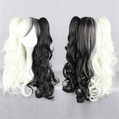 Mcoser 70cm Long Curly Half White And Half Black Mixed 2 Ponytails Wig