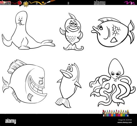 Cartoon Sea Life Animal Characters Coloring Book Page Stock Photo Alamy