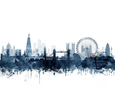 London Skyline Watercolor Navy Blue By Zouzounio Art Digital Art By