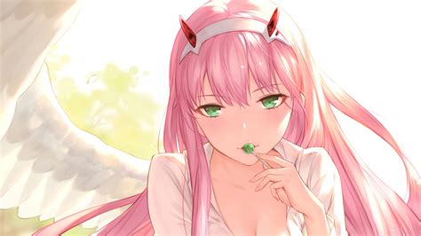 Darling In The Franxx Zero Two Tasting Green Lollipop With Shallow Background 4k Hd Anime