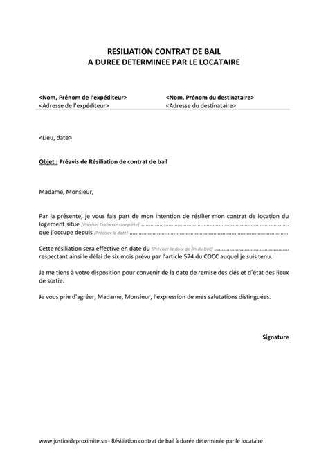 Model De Resiliation Contrat De Bail A Duree Determinee Par Le