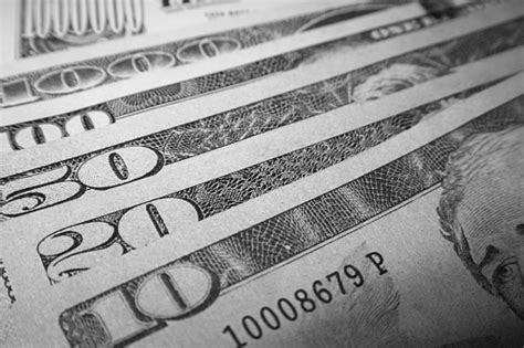 American Money Close Up In Black White With Ten Twenty Fifty Hundred