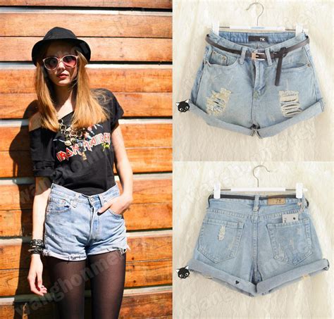 New Retro Women Girls High Waist Ripped Flange Hole Wash White Jean