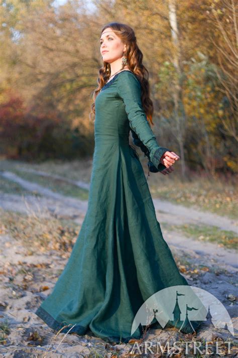 Medieval Natural Flax Lined Dress With Surcoat And Chaperone Autumn