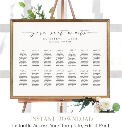 Seating Chart Template Printable Wedding Seating Sign 100 Editable