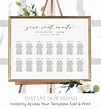 Seating Chart Template, Printable Wedding Seating Sign, 100% Editable ...