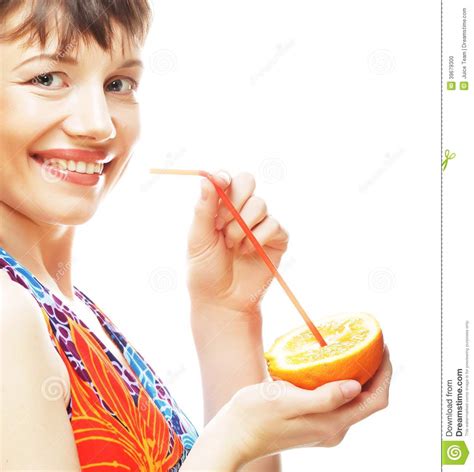 Woman Sipping Orange Juice With A Straw Stock Photo Image Of Modern