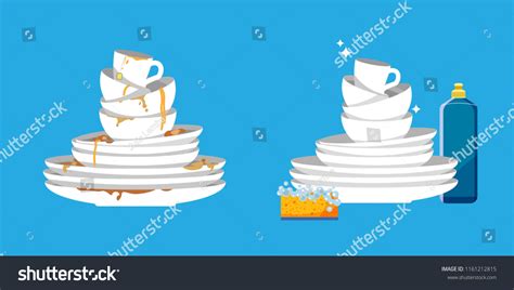 Set Clean Dirty Dishes On Blue Stock Vector Royalty Free 1161212815