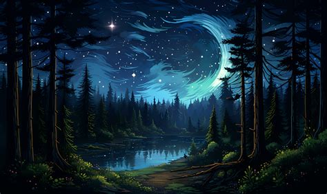 Beautiful Forest And Night Sky Painting Ai Generative 30602436 Stock
