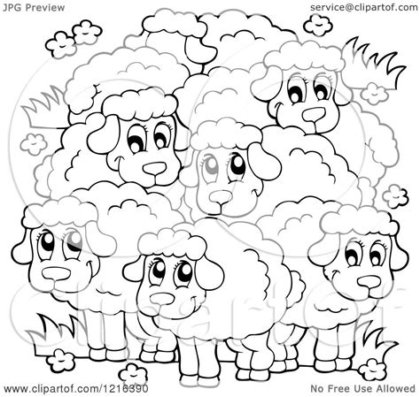 Clipart Of An Outlined Happy Flock Of Sheep Royalty Free Vector