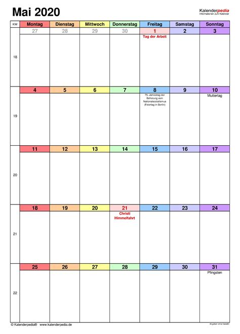 Kalender Mai 2020 Als Excel Vorlagen