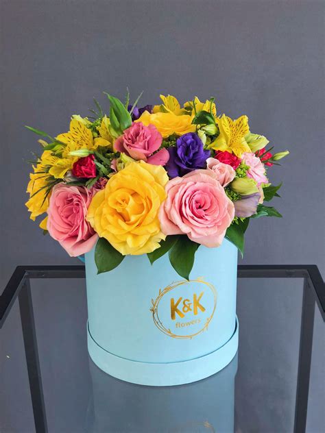 Sent next day by courier or free local delivery. #27 - Bright Hat Box Arrangement | Flower arrangements ...