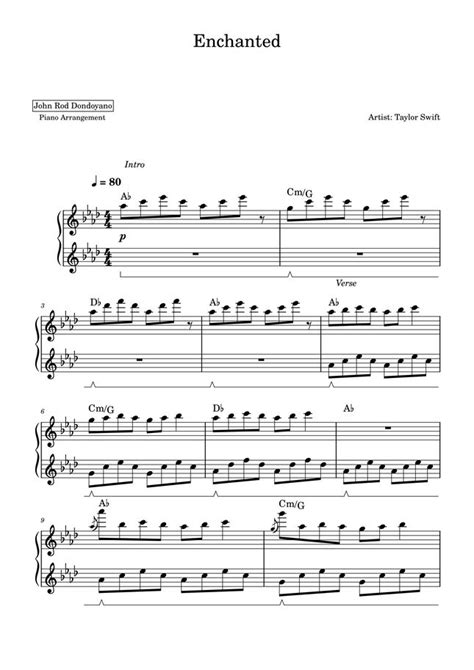 Taylor Swift Enchanted Piano Sheet By John Rod Dondoyano Sheet Music