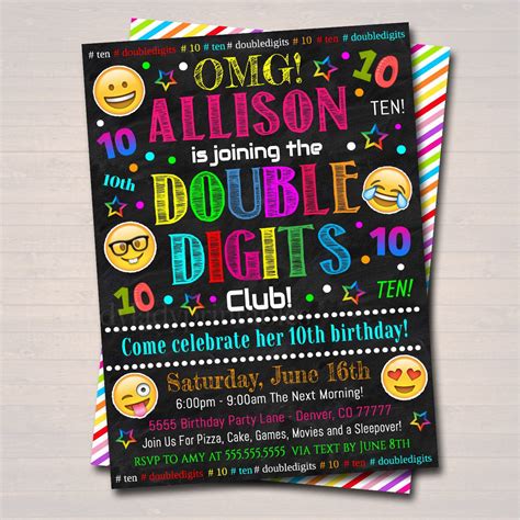 Double Digits Club Party Birthday Invitation 10th Birthday Emoji Girl
