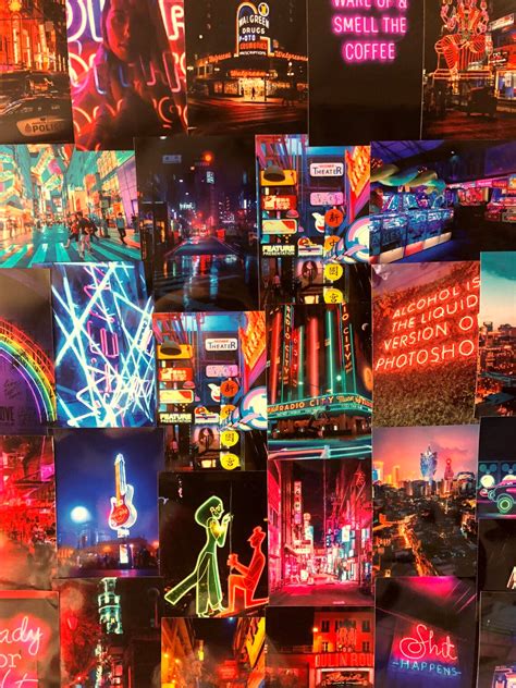 60 Pcs Neon Aesthetic Photo Collage Kit City Nightlife Pink Etsy