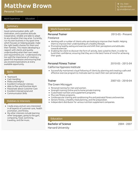 Free curriculum vitae (cv) templates in doc format. Personal Trainer - Resume Samples and Templates | VisualCV