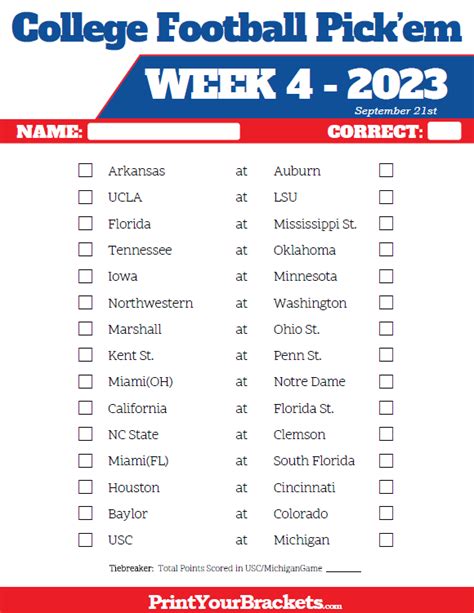 Printable Week 4 College Football Pickem Sheets 2024