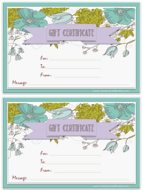 Printable fill in gift certificates. blue and green flowers with a blue background and a lilac ...