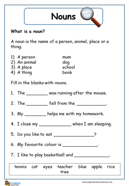 By using our worksheets, your third grade children learn to write using the correct grammar which will help them grow in confidence and increase their writing fluency. Nouns English Grammar Worksheet - English Treasure Trove