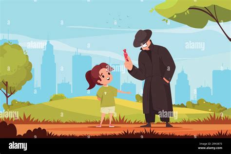 Kids Danger Cartoon Concept With Girl Talking To Stranger Outdoors