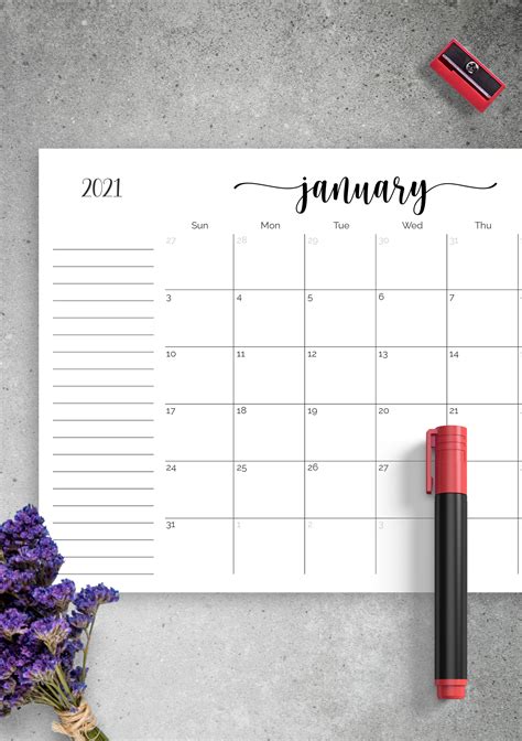 Monthly Calendar With Notes Section